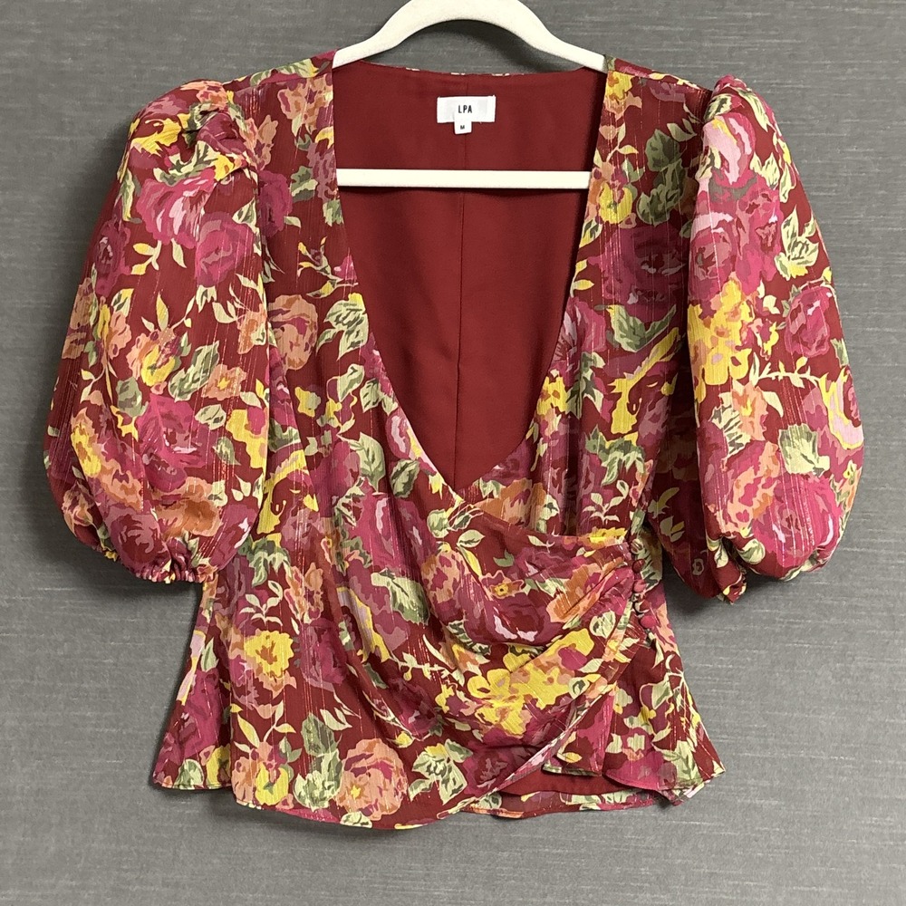 LPA Top M Red Floral Metallic Puff Sleeve Wrap Romantic Ruched Bold‎ Colorful